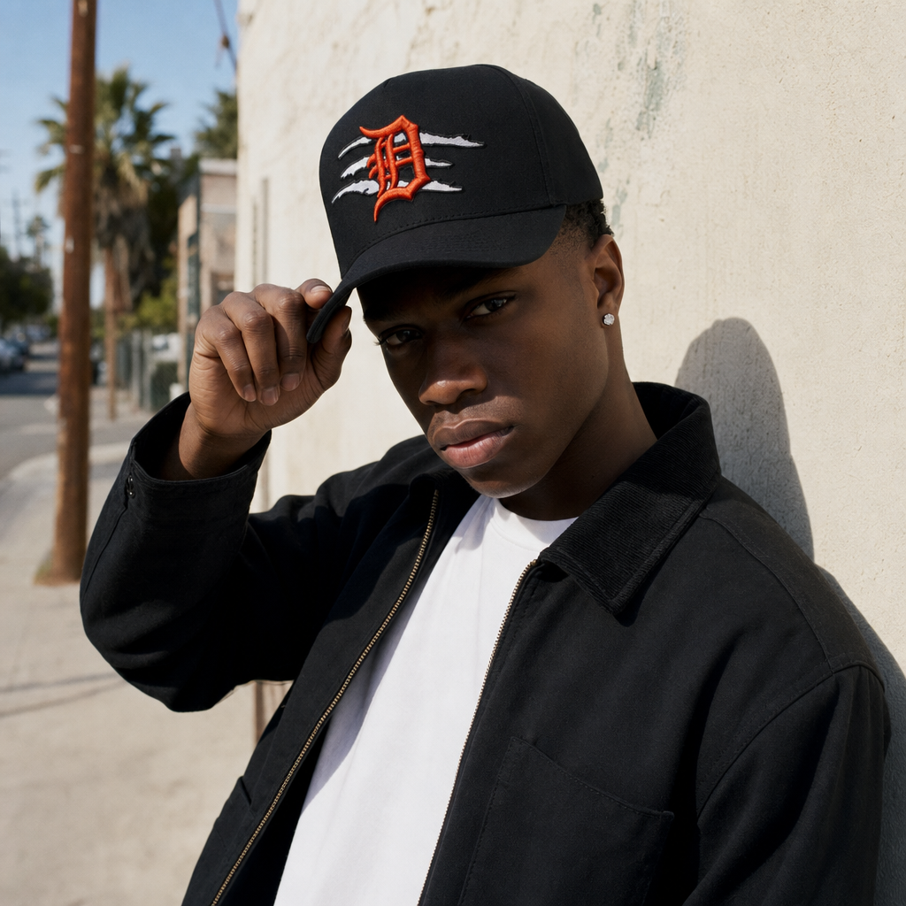 Model wearing the MADHOURS Detroit black snapback