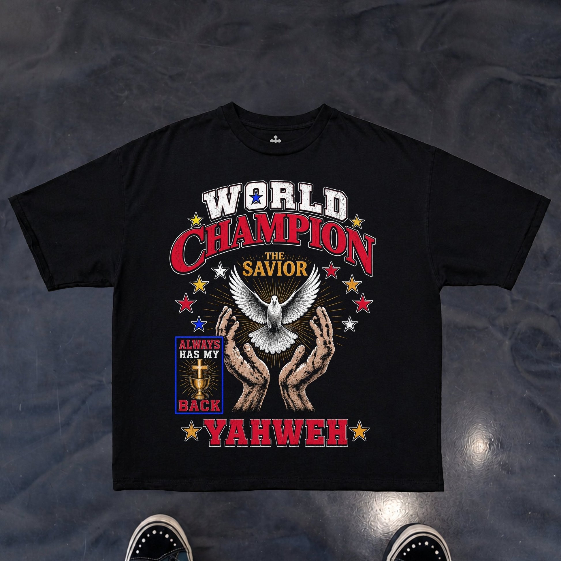 Yahweh Season World Champion tee detail — faith apparel