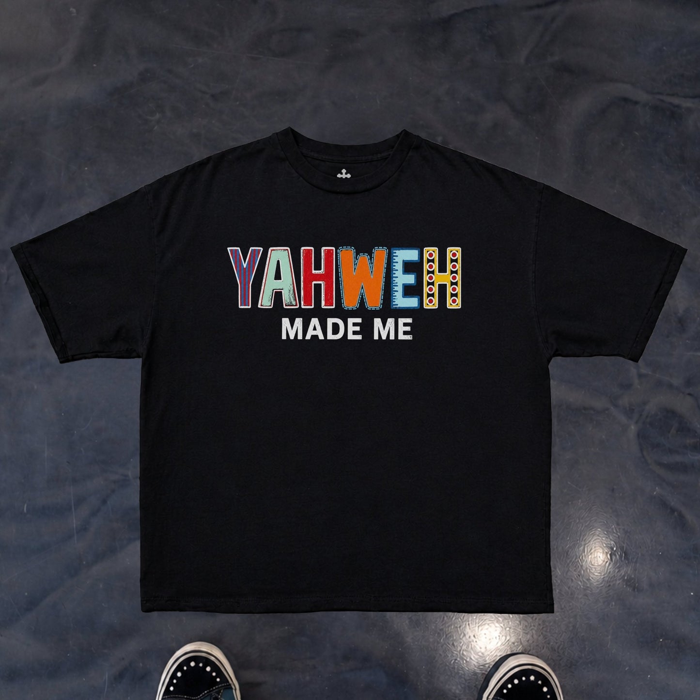 Yahweh Season Yahweh Made Me multicolor tee detail — faith apparel