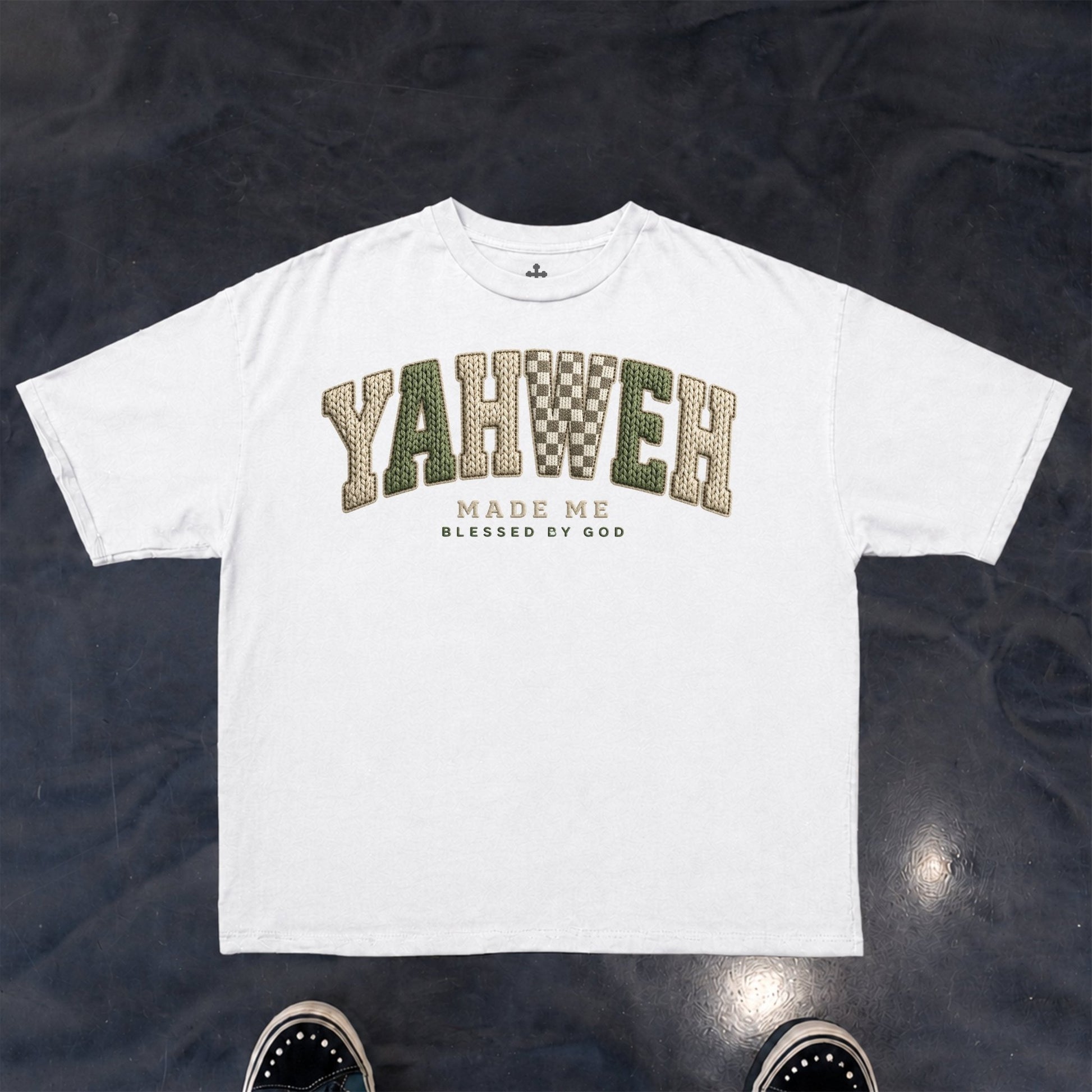 Yahweh Season Yahweh Made Me white tee detail — faith apparel