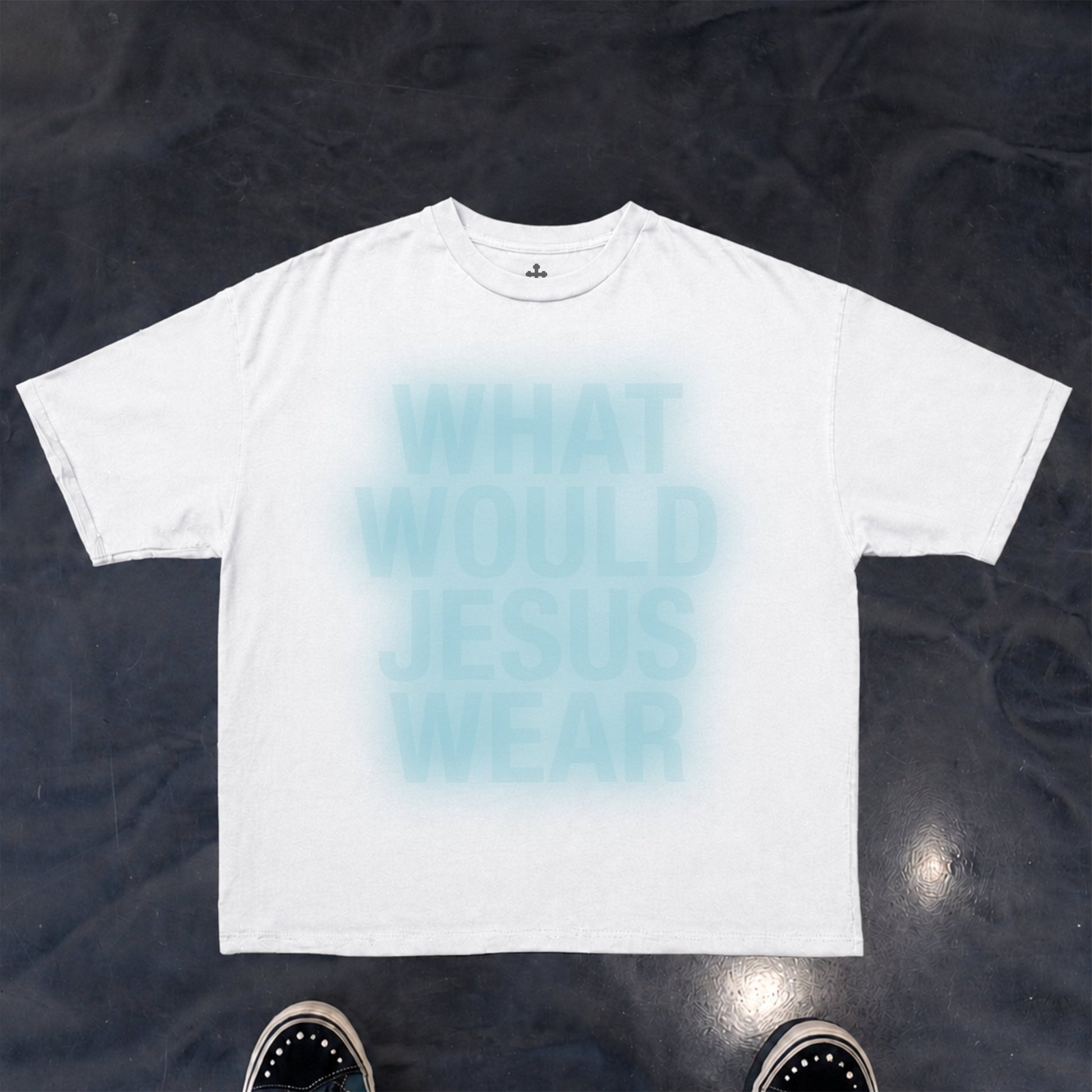 Yahweh Season What Would Jesus Wear white tee detail — faith apparel made in Los Angeles