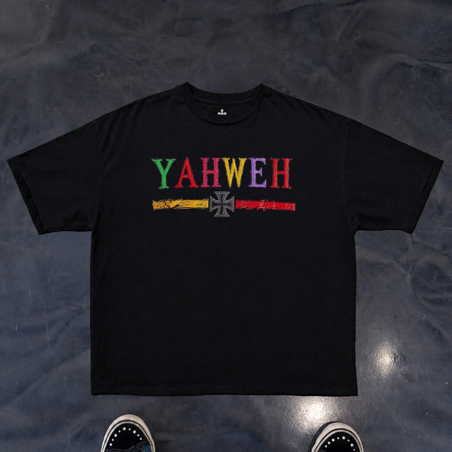 Yahweh Season Yahweh Iron Cross tee detail — faith apparel