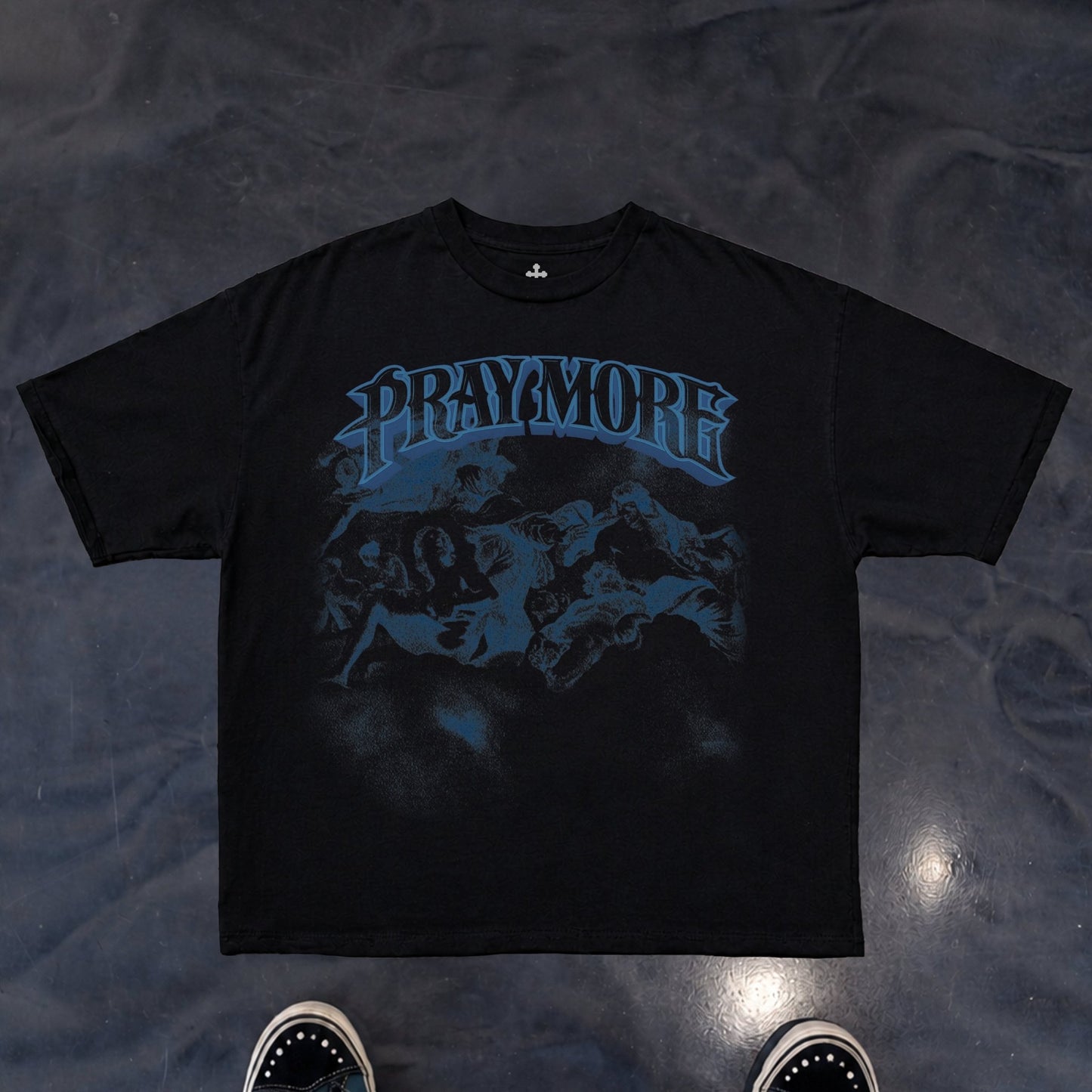 Yahweh Season Pray More tee detail — faith apparel
