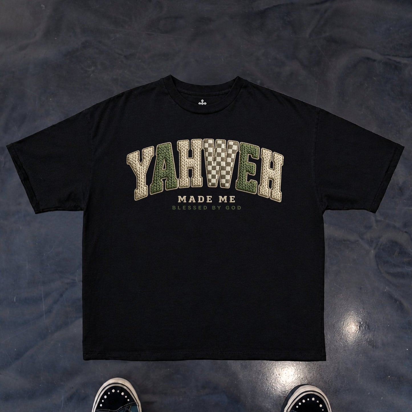 Yahweh Season Yahweh Made Me black tee detail — faith apparel