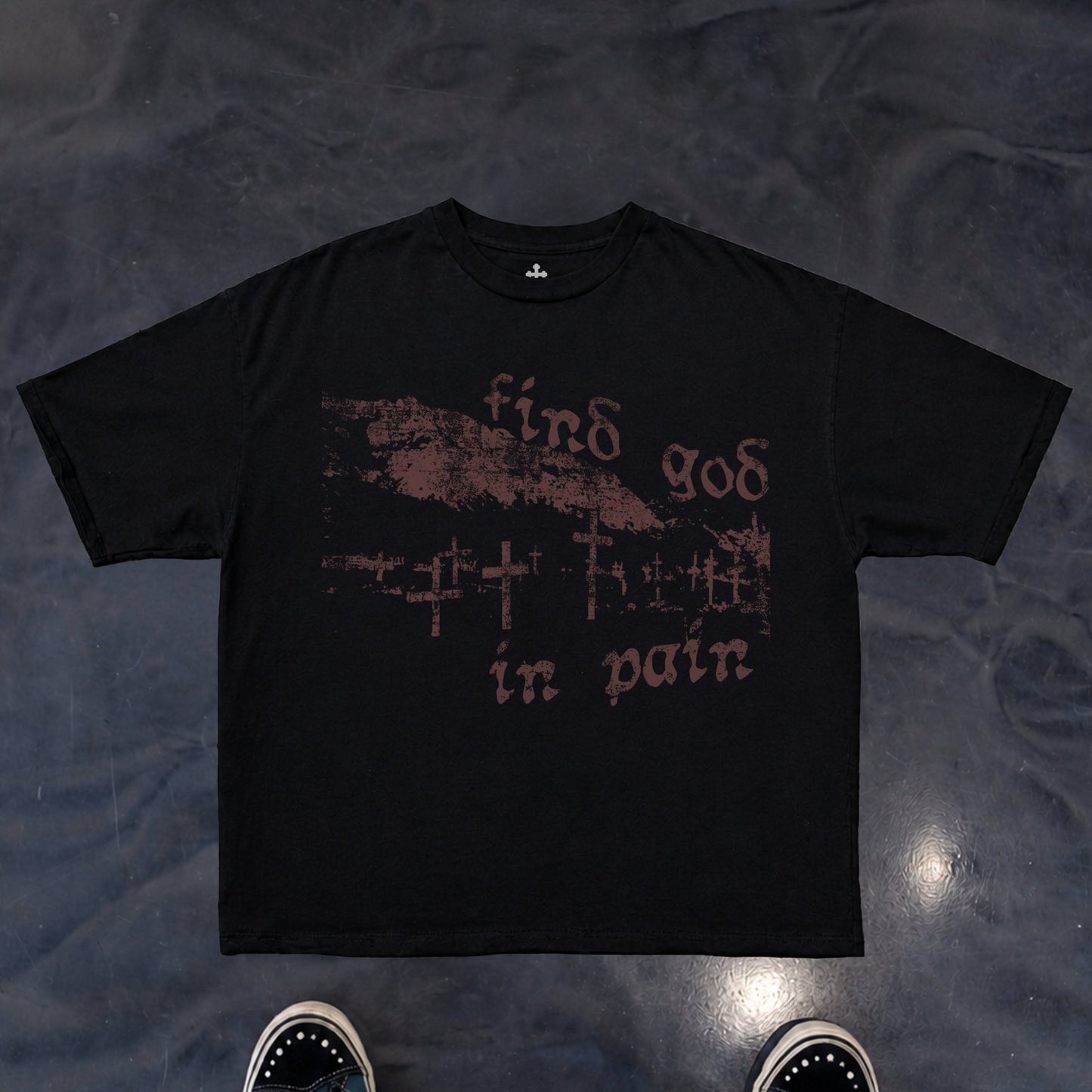 Yahweh Season Find God In Pain tee detail — faith apparel