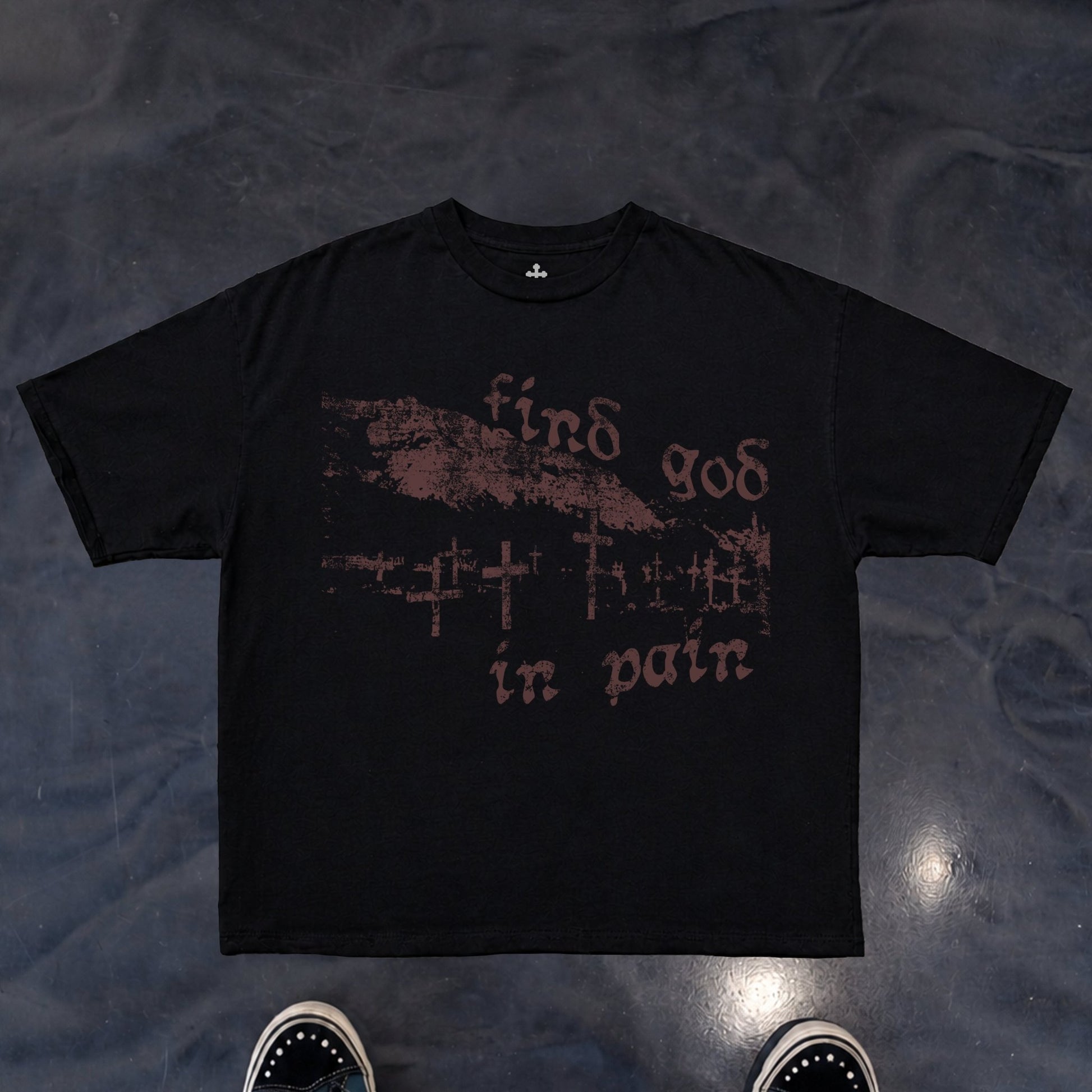 Yahweh Season Find God In Pain tee detail — faith apparel