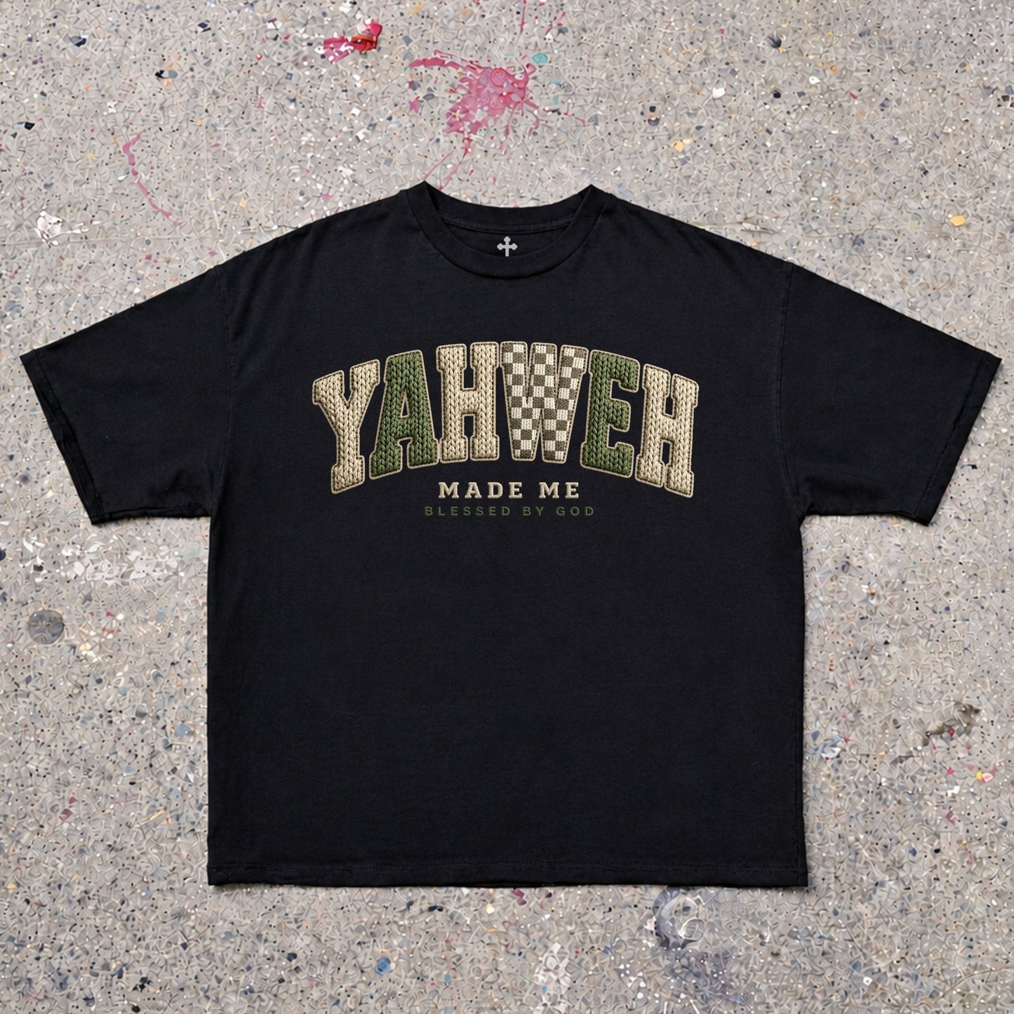 Yahweh Season Yahweh Made Me black — garment-dyed faith streetwear tee