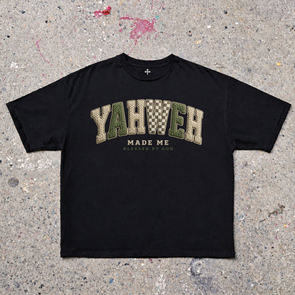 Yahweh Season Yahweh Made Me black — garment-dyed faith streetwear tee