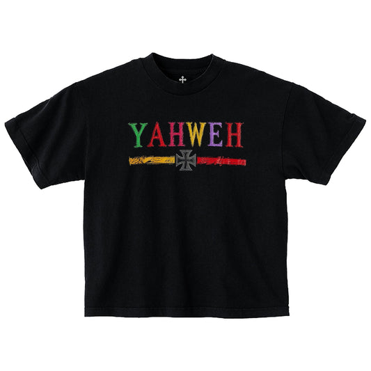 Yahweh Season Yahweh Iron Cross tee front — garment-dyed Christian streetwear made in LA