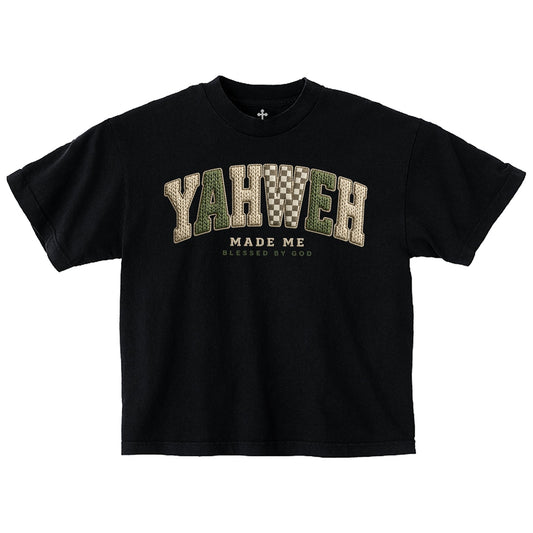 Yahweh Season Yahweh Made Me black tee front — garment-dyed Christian streetwear, made in LA