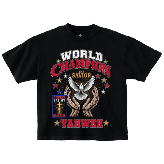 Yahweh Season World Champion tee front — garment-dyed Christian streetwear made in LA