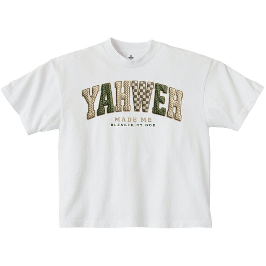 Yahweh Season Yahweh Made Me white tee back — faith graphic, garment-dyed cotton, made in LA