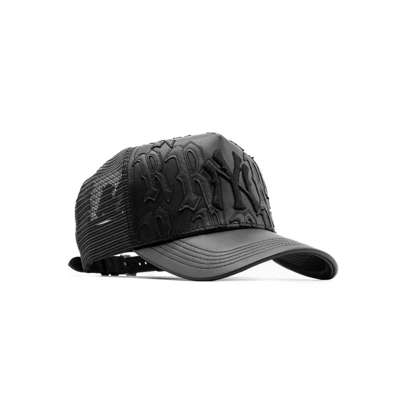 Joe Read NY Leather Trucker — mesh back, snapback closure