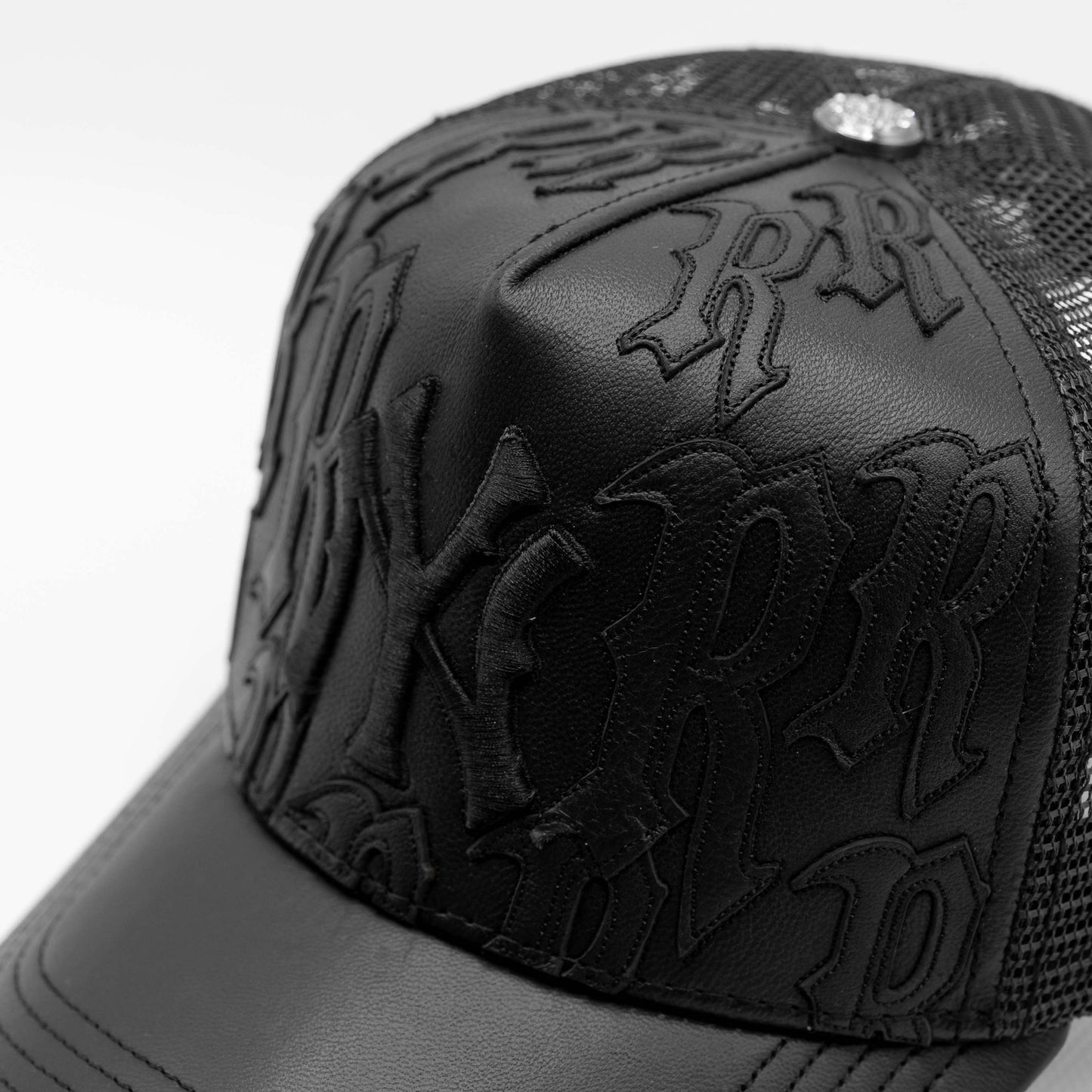 Joe Read NY Leather Trucker Hat detail — leather and mesh construction