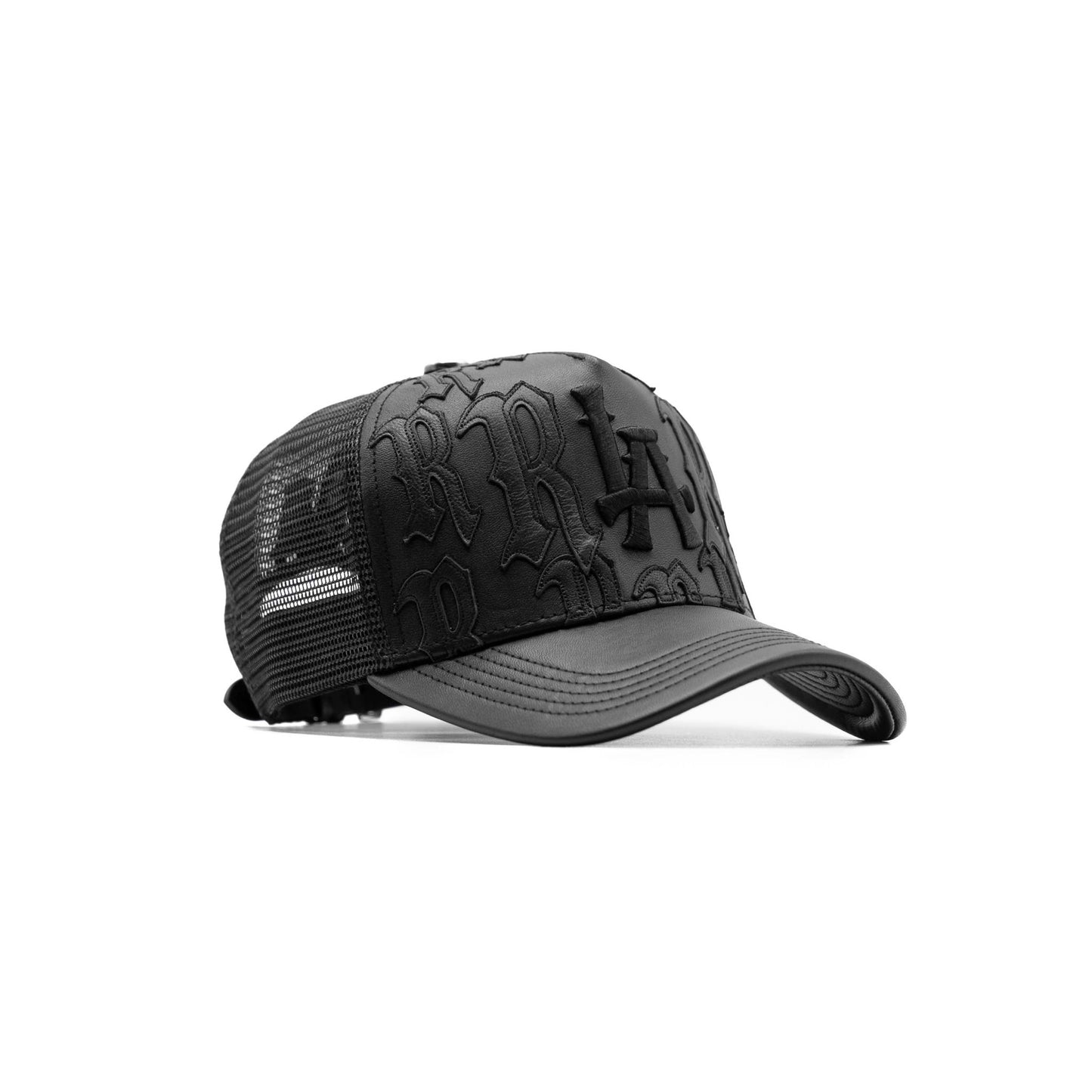Joe Read LA Leather Trucker — mesh back, snapback closure