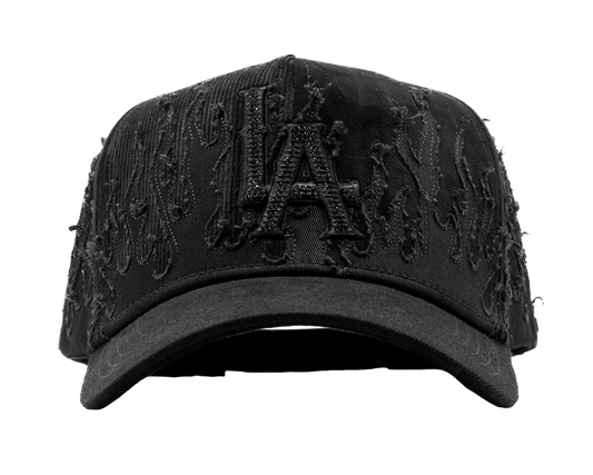 LA Black Flames 5-panel snapback front — all-black Los Angeles colorway, embroidered flame logo, limited edition streetwear hat