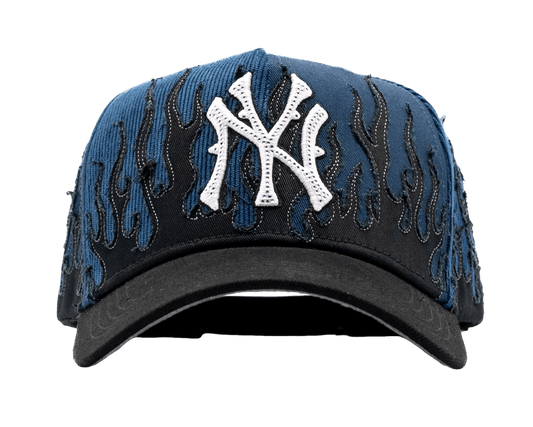 NY Navy Flames 5-panel snapback front — deep navy New York colorway, embroidered flame logo, limited edition streetwear hat