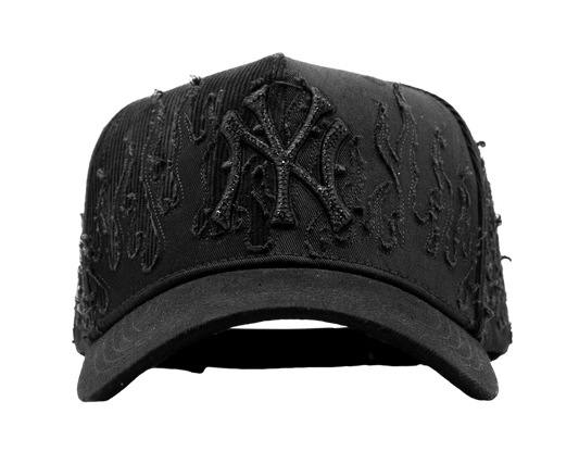 NY Black Flames 5-panel snapback front — all-black New York colorway, embroidered flame logo, limited edition streetwear hat