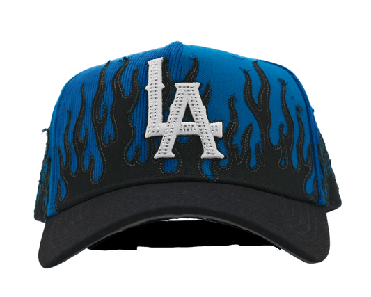 LA Royal Blue Flames 5-panel snapback front — royal blue Los Angeles colorway, embroidered flame logo, limited edition streetwear hat