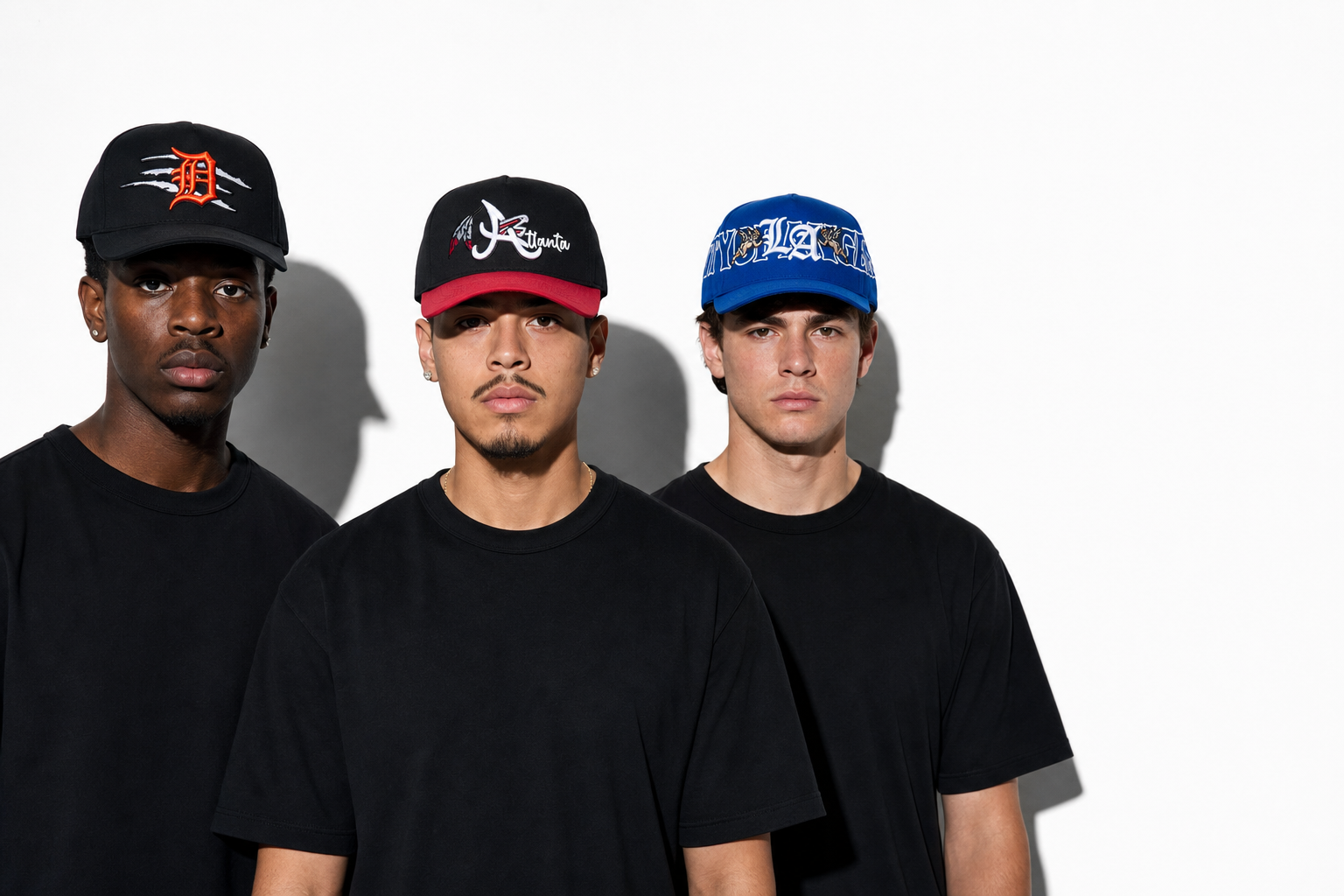 Three models wearing MADHOURS Detroit, Atlanta and LA snapbacks against a white studio wall