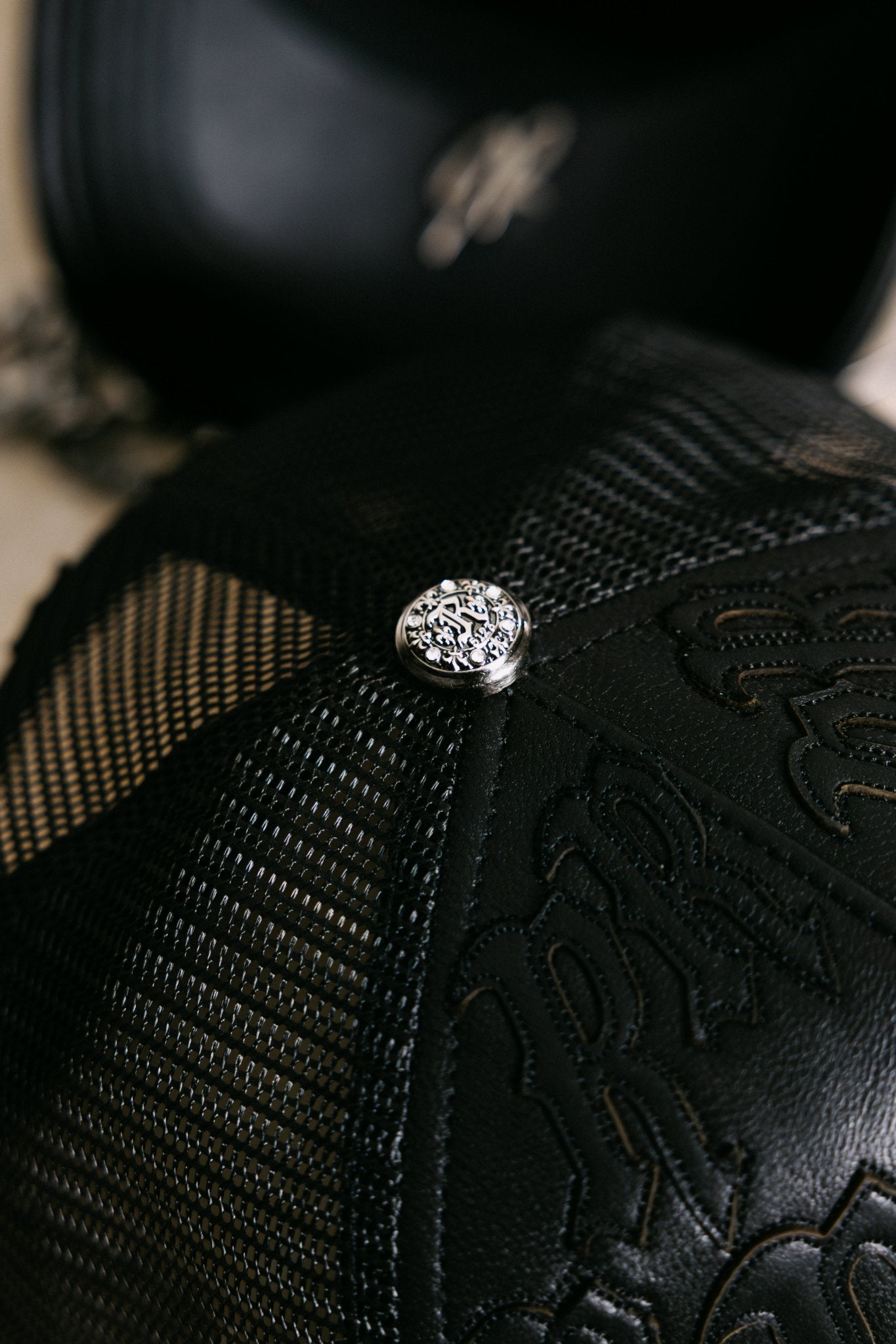 Joe Read LA Leather Trucker Hat profile — leather and mesh