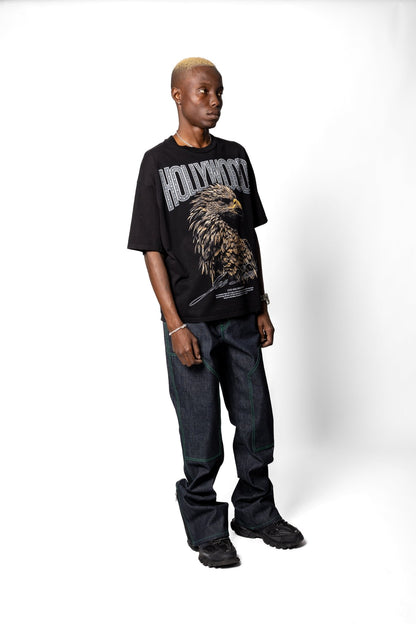 Joe Read Hollywood Tee detail — rhinestone Hollywood graphic