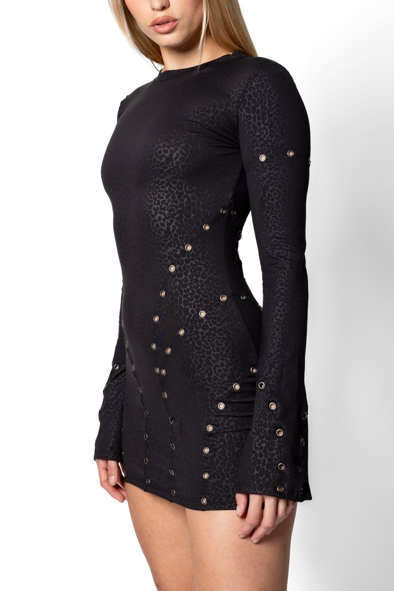 Joe Read Archangel Leopard Dress detail — leopard print, grommets