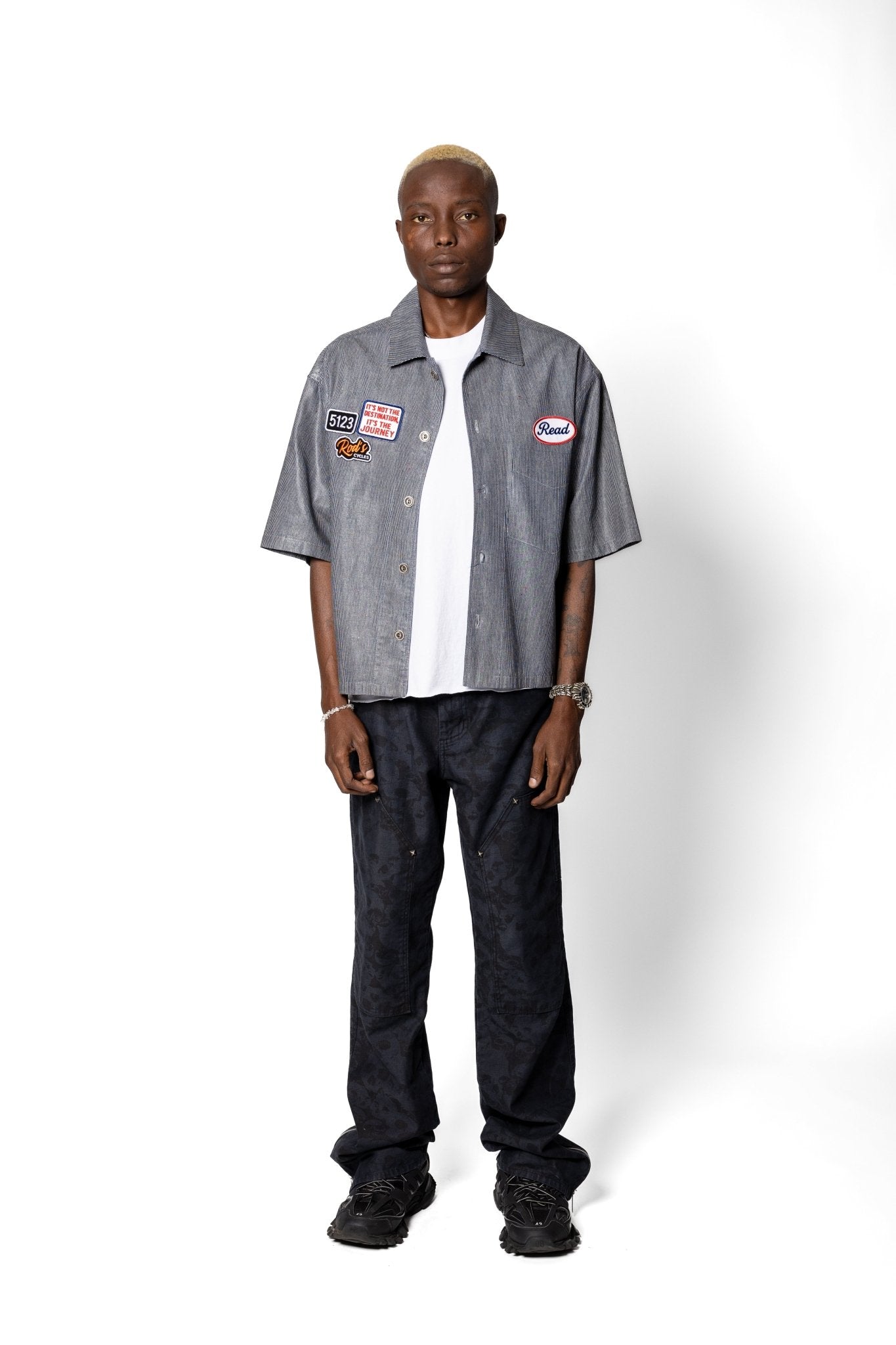 Joe Read 5123 Mechanic Shirt back — striped waxed denim