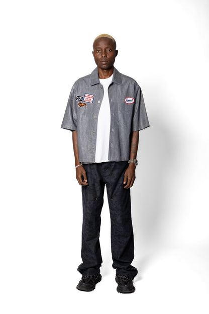 Joe Read 5123 Mechanic Shirt back — striped waxed denim