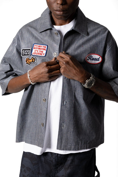 Joe Read 5123 Mechanic Shirt detail — chain-stitched 5123 patch