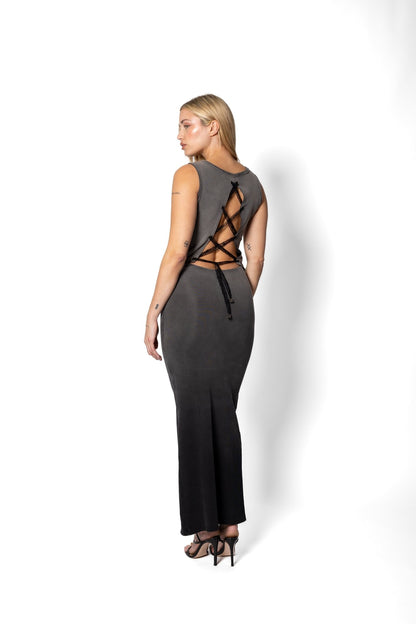 Joe Read Shadows Ombre Dress angle — hand-dyed ombre detail