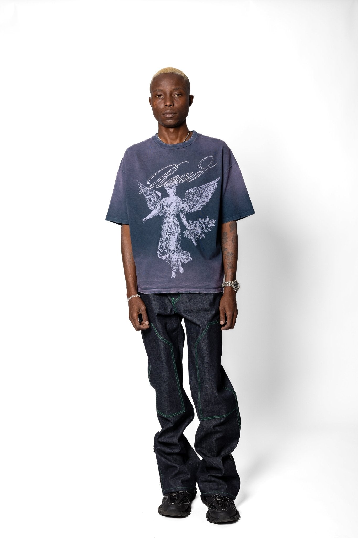Joe Read Camelia Tee detail — rhinestone angel graphic
