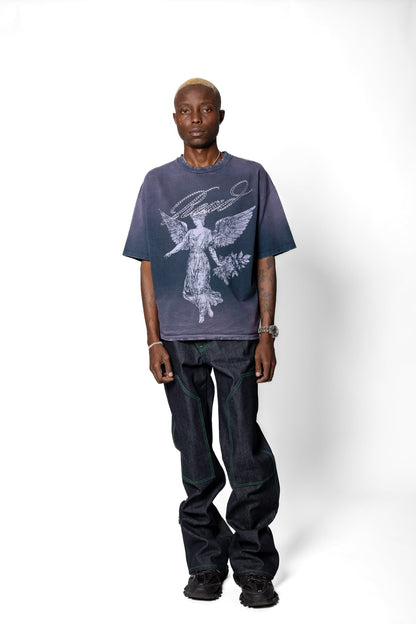 Joe Read Camelia Tee detail — rhinestone angel graphic